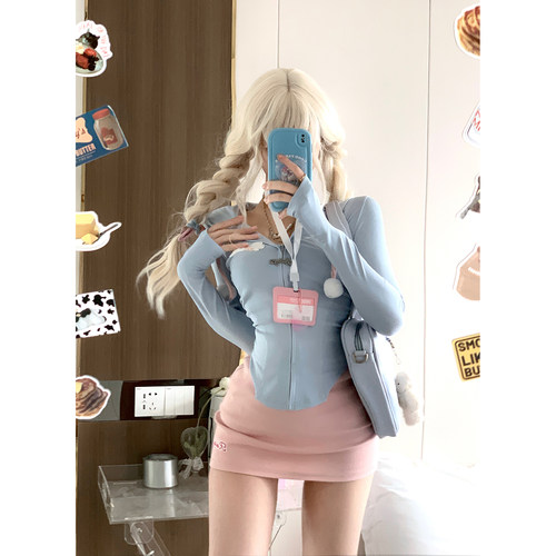 少女椰子/少女游泳馆 秋冬蓝色紧身上衣防晒衫包臀裙运动辣妹套装 - 图2