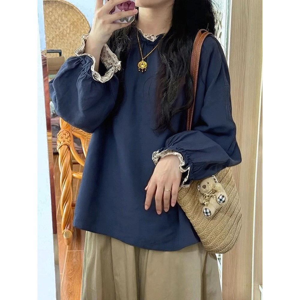 胖mm300斤大码高级感喇叭袖衬衫女春秋新款宽松显瘦遮肉上衣ins潮 - 图0