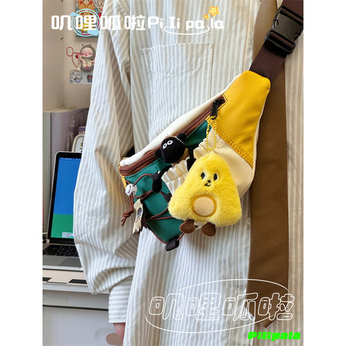 日系复古风斜挎包女小众抽绳设计胸包运动骑行大容量腰包男饺子包 - 图0