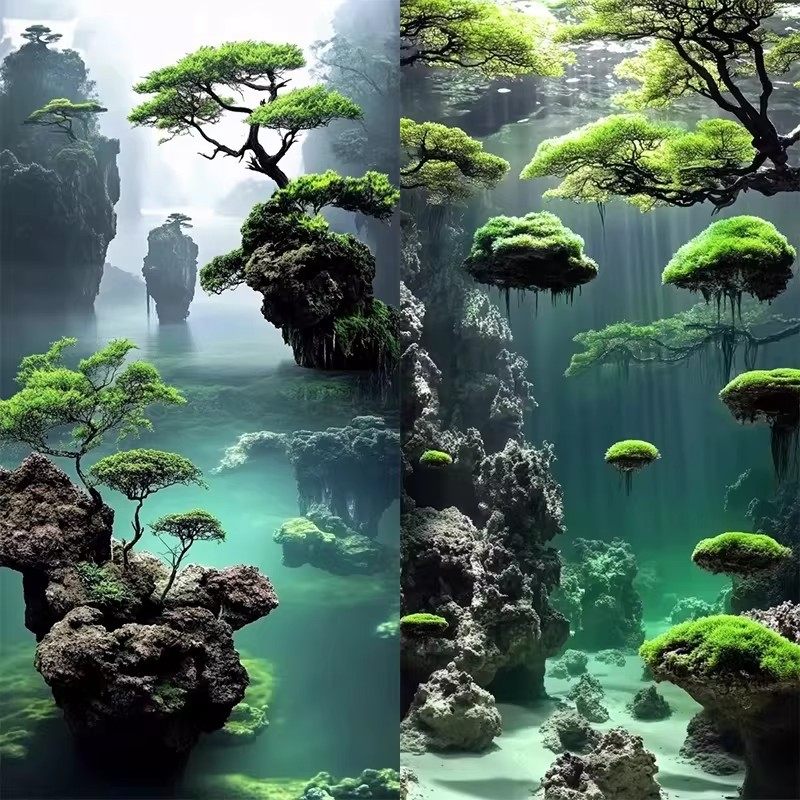 中国风意境岩石缸造景系列鱼缸背景贴纸图5d立体高清图立体画正胶,淘宝优惠券,粉丝福利购,淘宝优惠卷