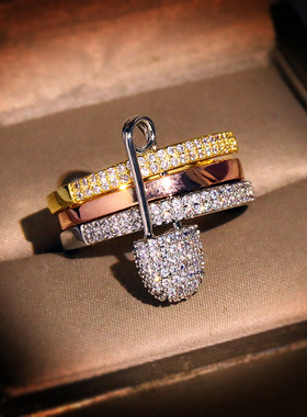 韩国三层别针戒指新潮款镶钻指环小众设计感百搭 白铜+银