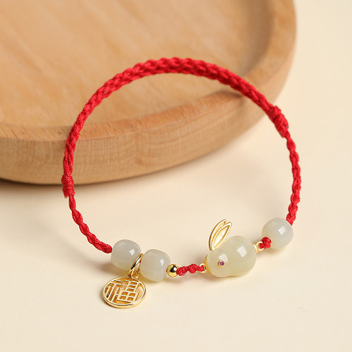和田玉玉兔手链月亮转运珠好运红绳编织手绳兔年本命年手链女款 - 图0
