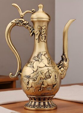 酒壶黄铜复古中式高端宴会骏马奔腾送礼家居摆件铜器酒壶