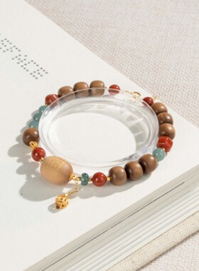 印度老山檀香五条经文手链 老型珠7*8南红翡翠配饰新中式手串批发