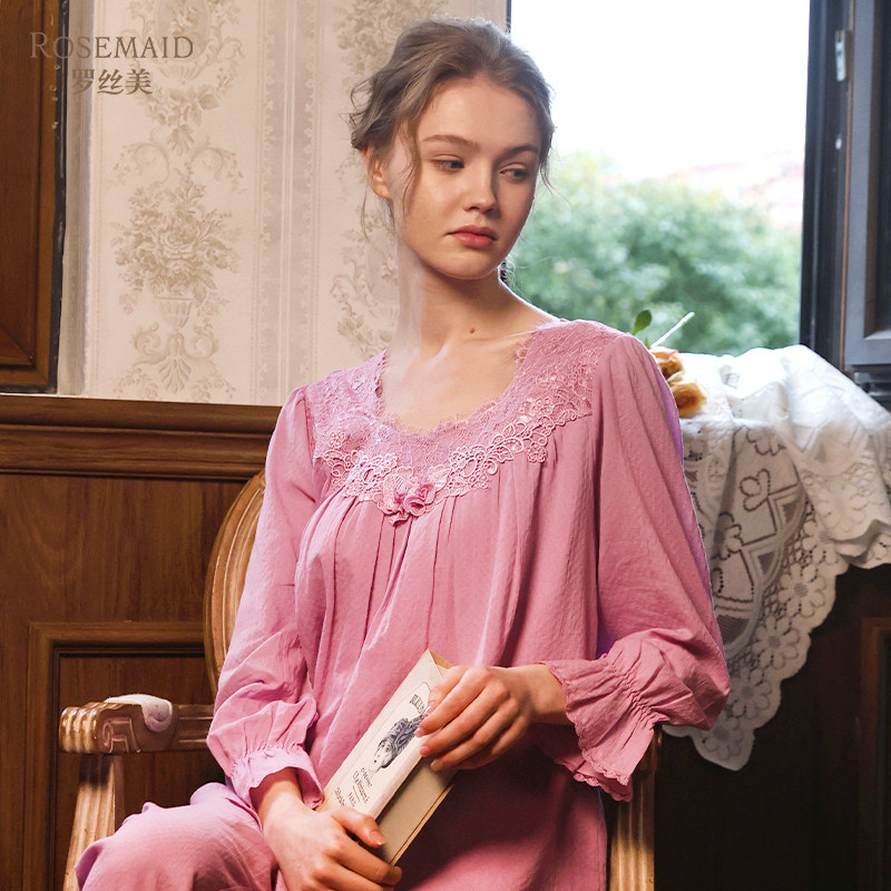 罗丝美春夏新款15042纯棉提花皱布圆领套头镶蕾丝长袖睡衣套装女,淘宝优惠券,粉丝福利购,淘宝优惠卷