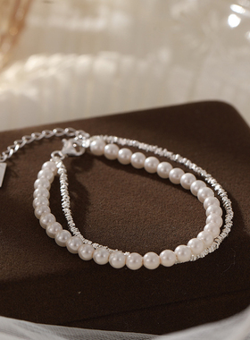 碎银几两珍珠女纯银双层叠戴