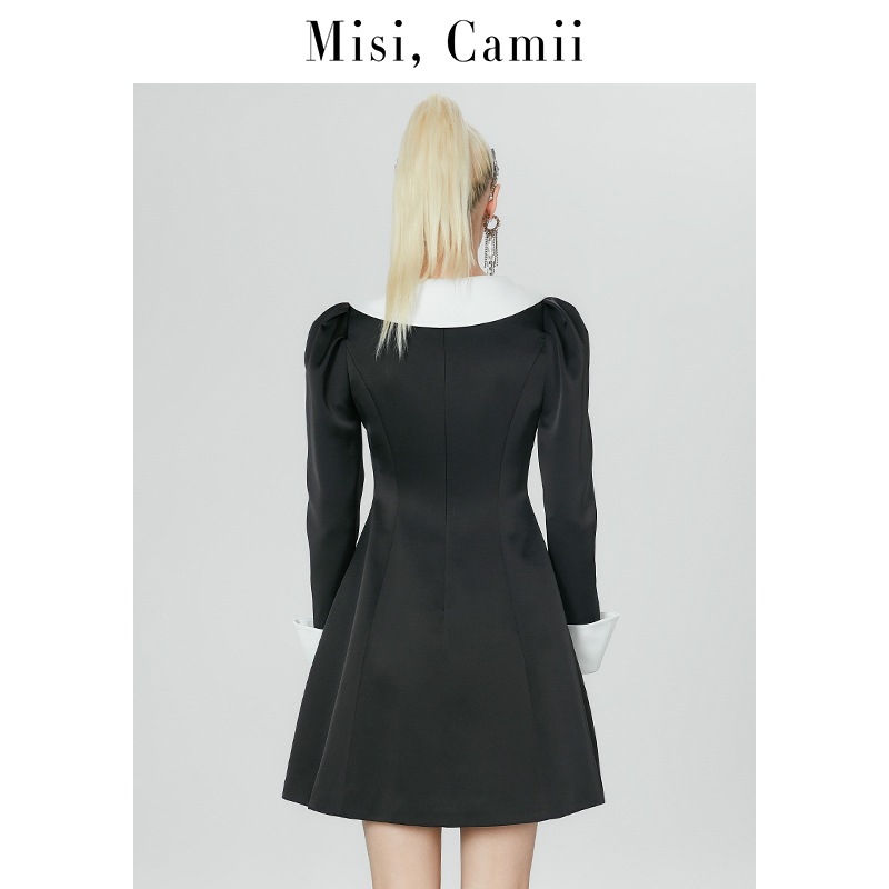 【商场同款】Misi,Camii不规则领设计感黑拼白秋冬气质连衣裙