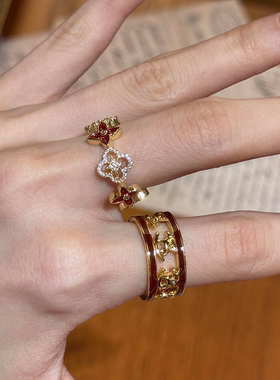 S925银新中式红色四叶花珐琅戒指