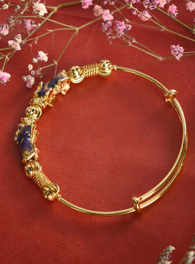 双貔貅手环可调节汉服饰品铜镀金