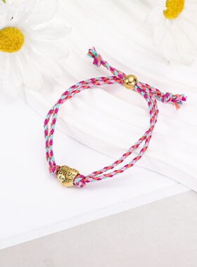 跨境欧美钛钢手链复古字母多巴胺桃心可调节热销新款金珠棉绳