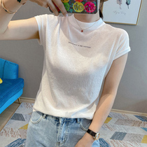 Europe station womens dress new 2024 spring and summer minimalist white short sleeve semi-high collar ice-knitted sweatshirt blouse