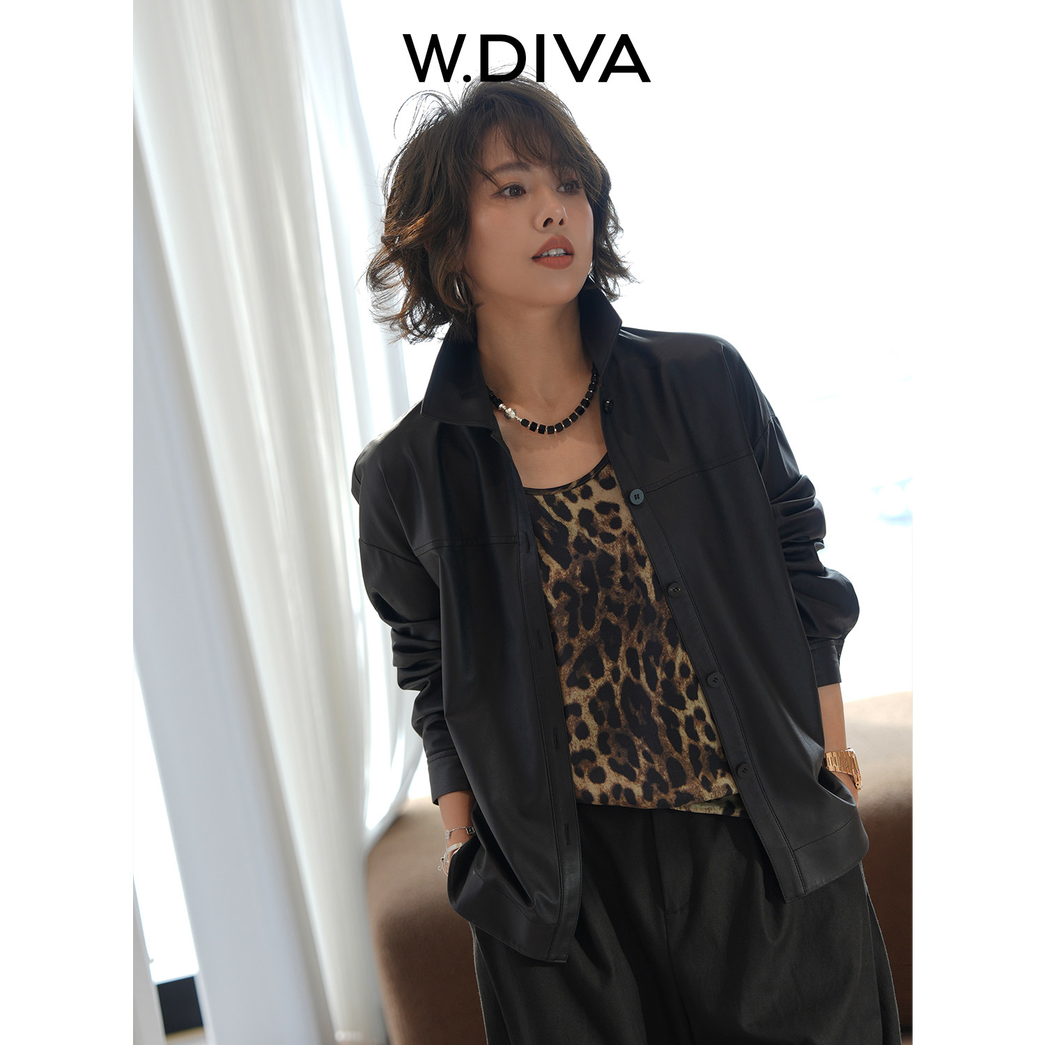 W.Diva【无拘】英国进口羊皮落肩长袖衬衫款复古风廓形皮衣