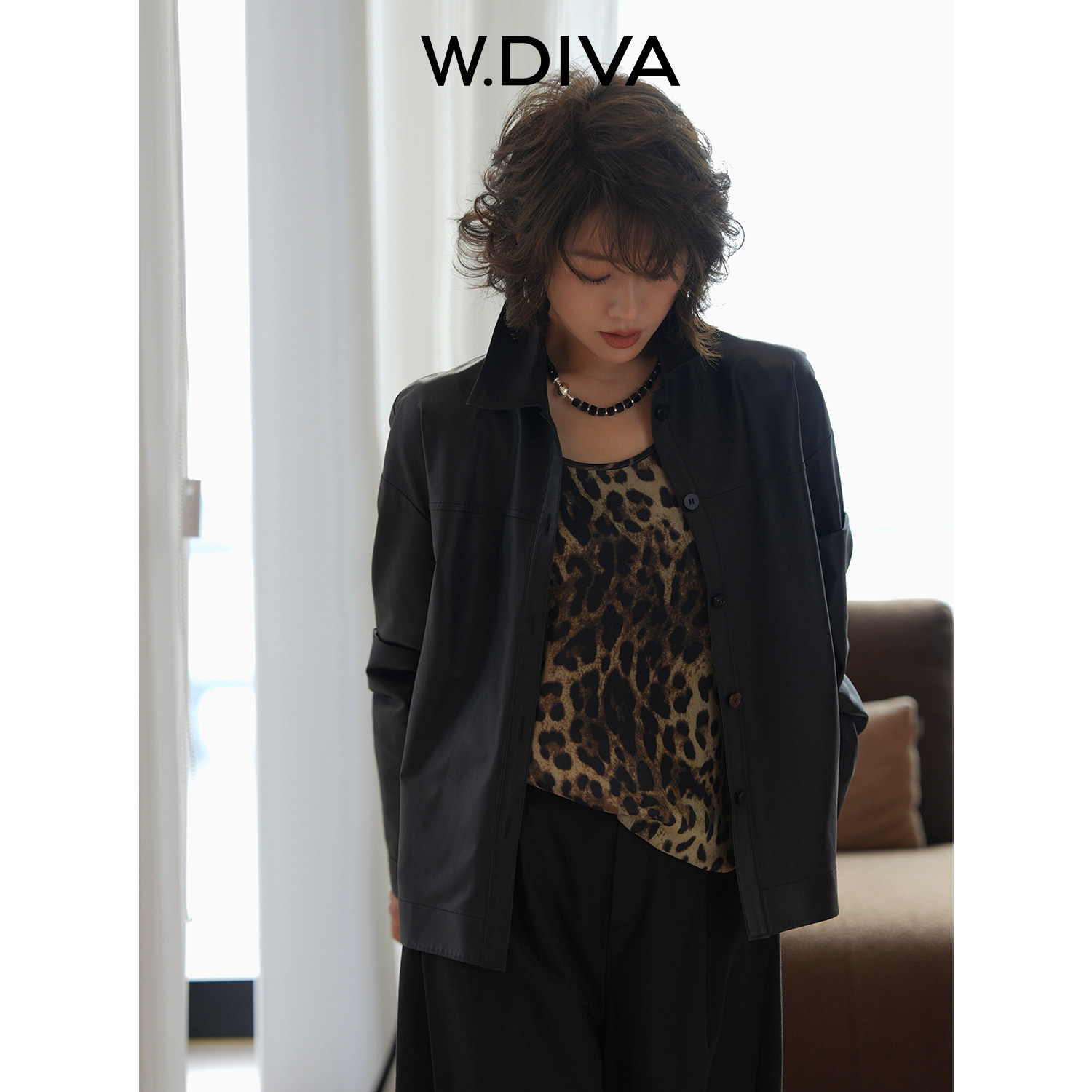 W.Diva【无拘】英国进口羊皮落肩长袖衬衫款复古风廓形皮衣