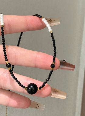 SHOWDIGU个性黑色水晶串珠项链