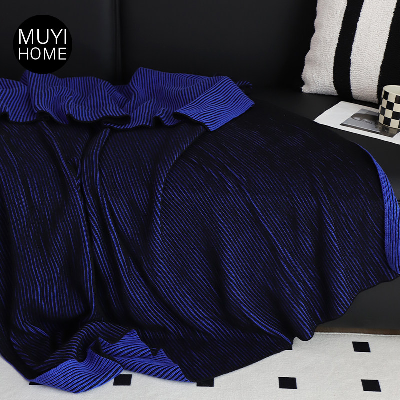 MUYI HOME幻影科技蓝纯棉针织毯子样板间装饰盖毯休闲沙发毯毛毯,淘宝优惠券,粉丝福利购,淘宝优惠卷