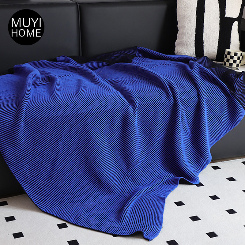 MUYI HOME幻影科技蓝纯棉针织毯子样板间装饰盖毯休闲沙发毯毛毯,淘宝优惠券,粉丝福利购,淘宝优惠卷