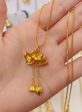 加厚金古法荷花两世欢吊坠黄色饰品莲花个性锁骨链项链送女友爱人