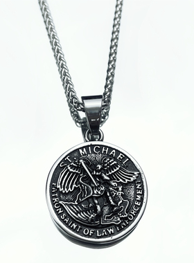 钛钢米迦勒大天使幸运币男女项链