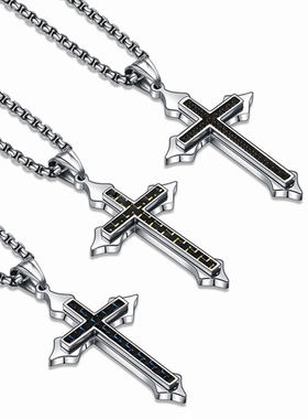 POYO简约轻奢镶碳纤维十字架项链原创设计潮男士个性钛钢吊坠嘻哈