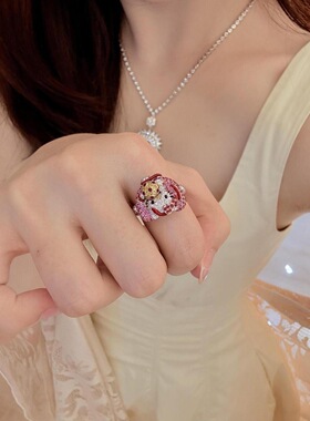 哈喽kt猫镶钻戒指女小众简约清新气质甜美可爱少女心卡通时尚戒指