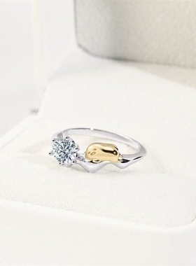 新款蛋黄哥莫桑石单钻戒指可调节可爱卡通周边精致送生日礼物