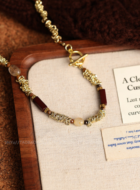 诗娱2026新款虎眼石项链金属拼接串珠百搭毛衣链双层叠戴项饰