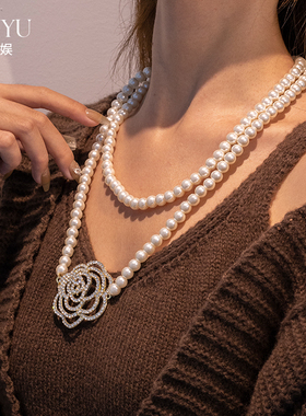 双层叠戴珍珠毛衣链高级感项链