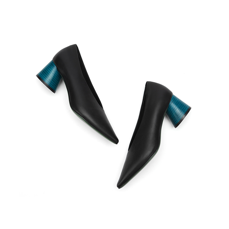 la mode plaisir/兰茉达 W1F1真皮优雅撞色高跟尖头奶奶鞋单鞋女