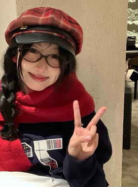 红色格子贝雷帽女八角帽