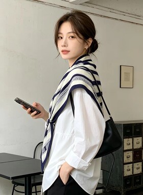 韩版几何拼色款斜纹绸围巾