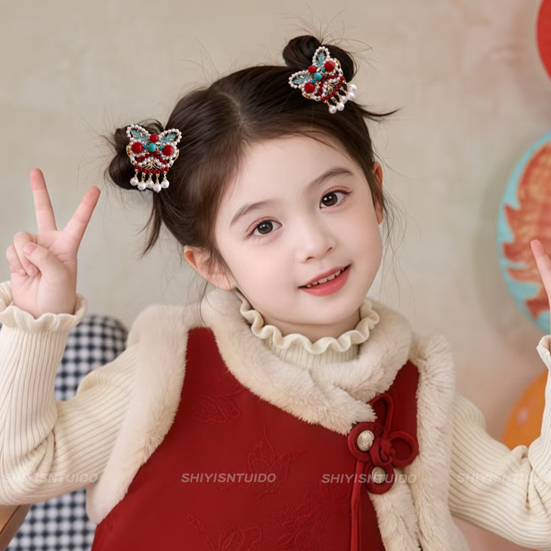 儿童新年醒狮流苏发夹女童喜庆可爱侧边刘海夹子宝宝发卡汉服头饰,淘宝优惠券,粉丝福利购,淘宝优惠卷