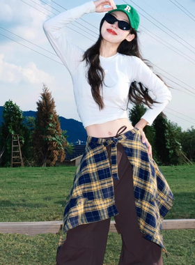 韩系黄色格子屁帘半身裙女