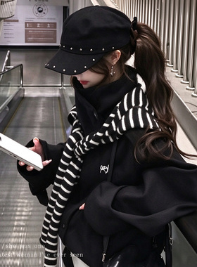 韩系黑色条纹针织披肩女