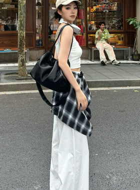 美式黑白格子屁帘腰带女叠穿