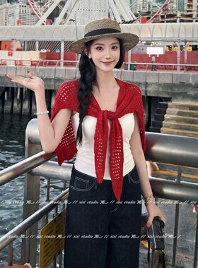 红色针织镂空披肩女款