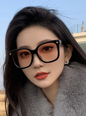 新款墨镜女款日落色黑框方圆脸显瘦复古韩版防紫外线高级感太阳镜