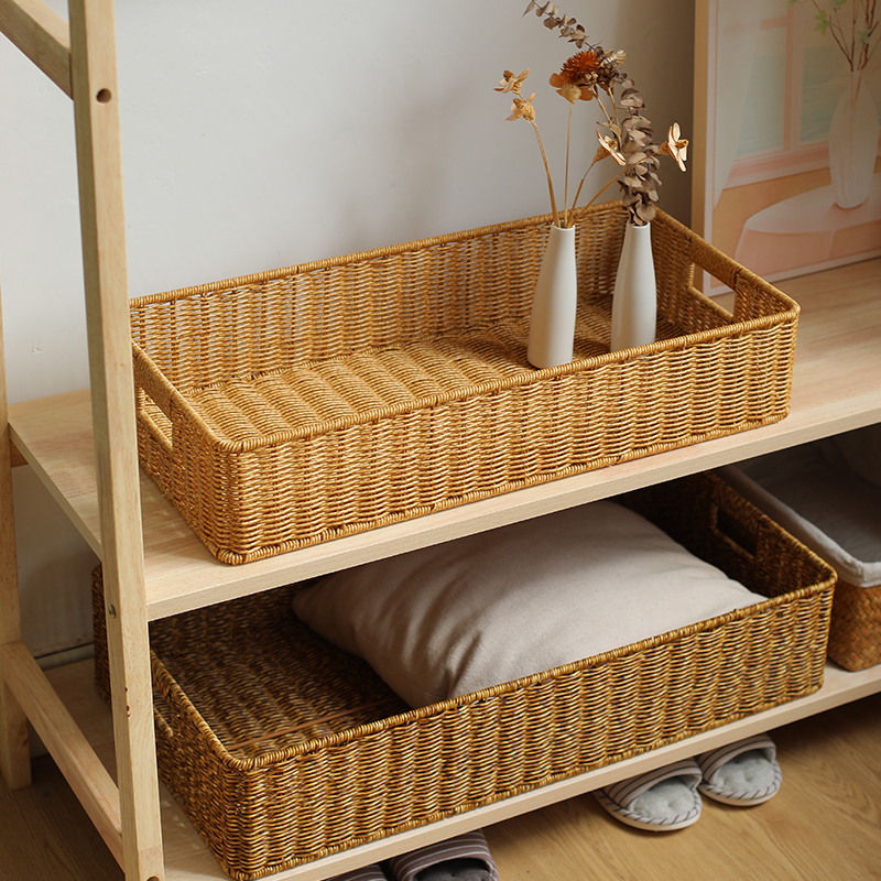 仿藤编收纳筐长方形客厅电视柜茶几抽屉整理篮玄关杂物收纳储物筐 - 图1