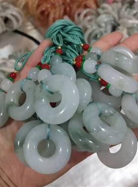 新疆天山翠圆环平安扣吊坠金丝玉面包圈挂件佘太翠白底飘翠花项坠