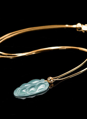 高档天然A货翡翠蓝水树叶吊坠18K金扣头冰种玉石挂件花件女款玉坠