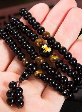 【买一赠六】天然正品黑曜石生肖本命佛守护神108颗佛珠手链手串