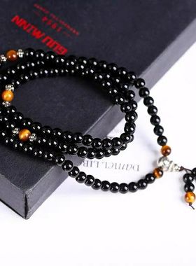 【买一赠六】正品虎眼石黑色银四圈108多圈情侣佛珠男女手链手串