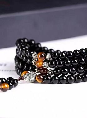 【买一赠六】天然正品虎眼石黑曜石银四圈108颗佛珠男女手链手串