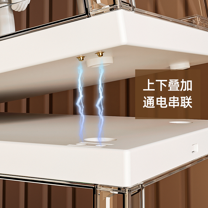 LED盲盒手办声控发光透明收纳盒高清带灯展示架防尘柜阶梯磁吸门