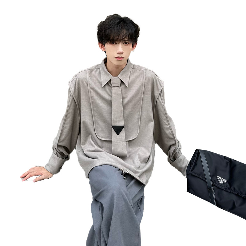 布客行  原创小众设计感领带长袖衬衫男春秋季高级感下摆抽绳衬衣,淘宝优惠券,粉丝福利购,淘宝优惠卷