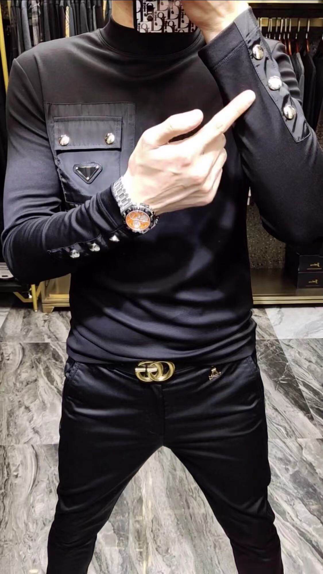 H6607春季新款男士欧货加绒长袖T恤商务休闲百搭寸领拉绒套头衫男