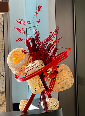 红色仿真花桌面摆件酒店办公室前台餐厅竹条装饰美陈氛围场景布置