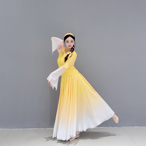 黄色丫头 古典舞演出服女飘逸渐变纱衣720度大摆裙仙气舞蹈服装 - 图1