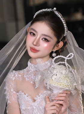高级感珍珠皇冠耳环婚纱礼服头饰
