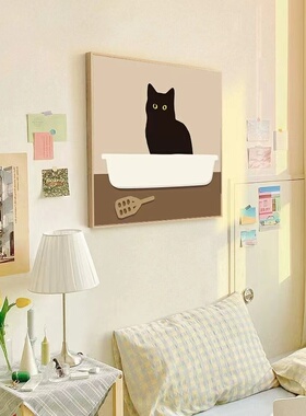 现代简约盯着鱼的猫咪北欧ins风可爱动物装饰画卧室客厅餐厅挂画