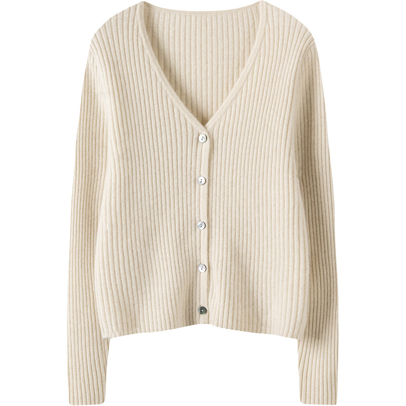 腔调范儿骨感十足！纯羊绒开衫女V领坑条修身短款羊绒毛衣女外套,淘宝优惠券,粉丝福利购,淘宝优惠卷